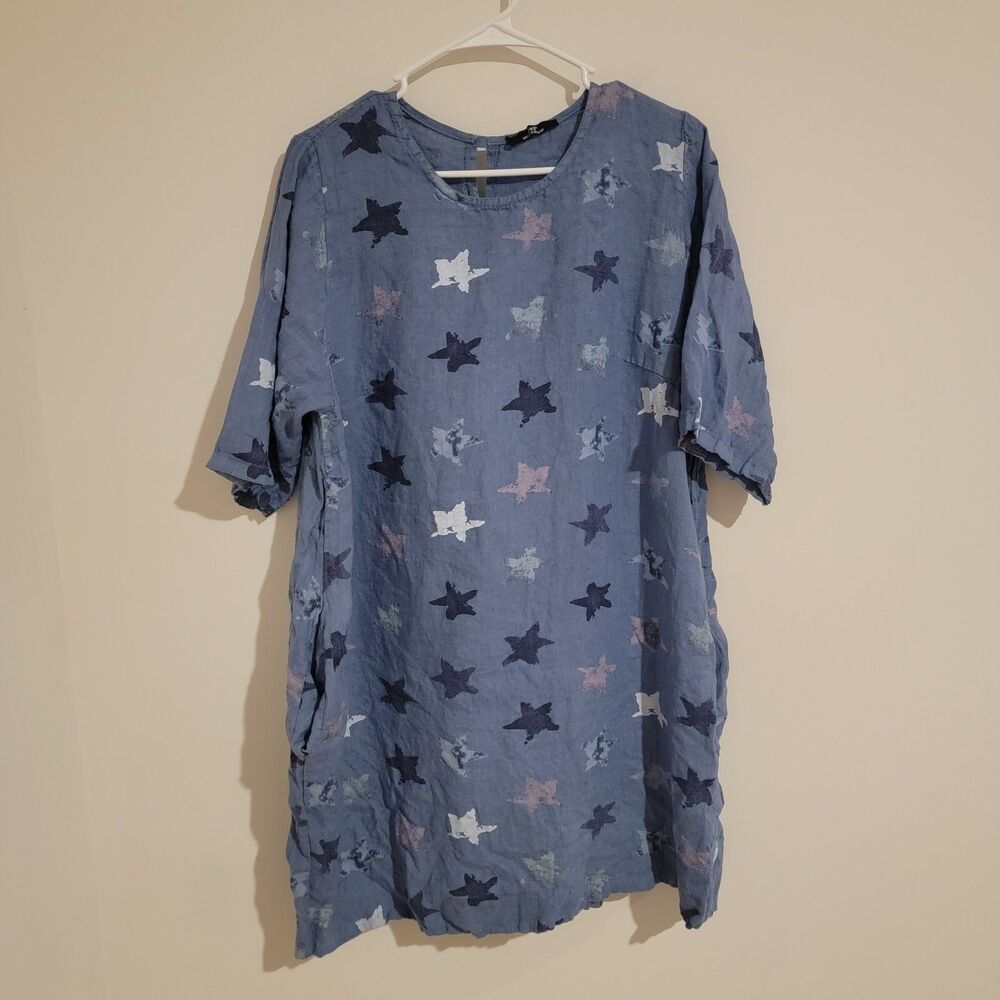 Womens Linen Star Pattern Dress Size XL Mini Shirt Dress Novelty Print Celestial